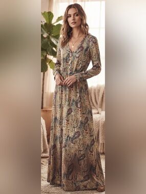 Indigo Rose Boho Paisley Chiffon Maxi Dress Size L Long Sleeve V-Neck